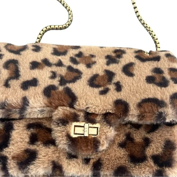 Faux Fur Leopard Print Bag Purse Gold Chain Link Strap Twist Lock Pocketbook - Picture 4 of 9